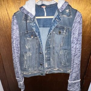 Free People Blue Denim Jacket with Gray Knit Collar